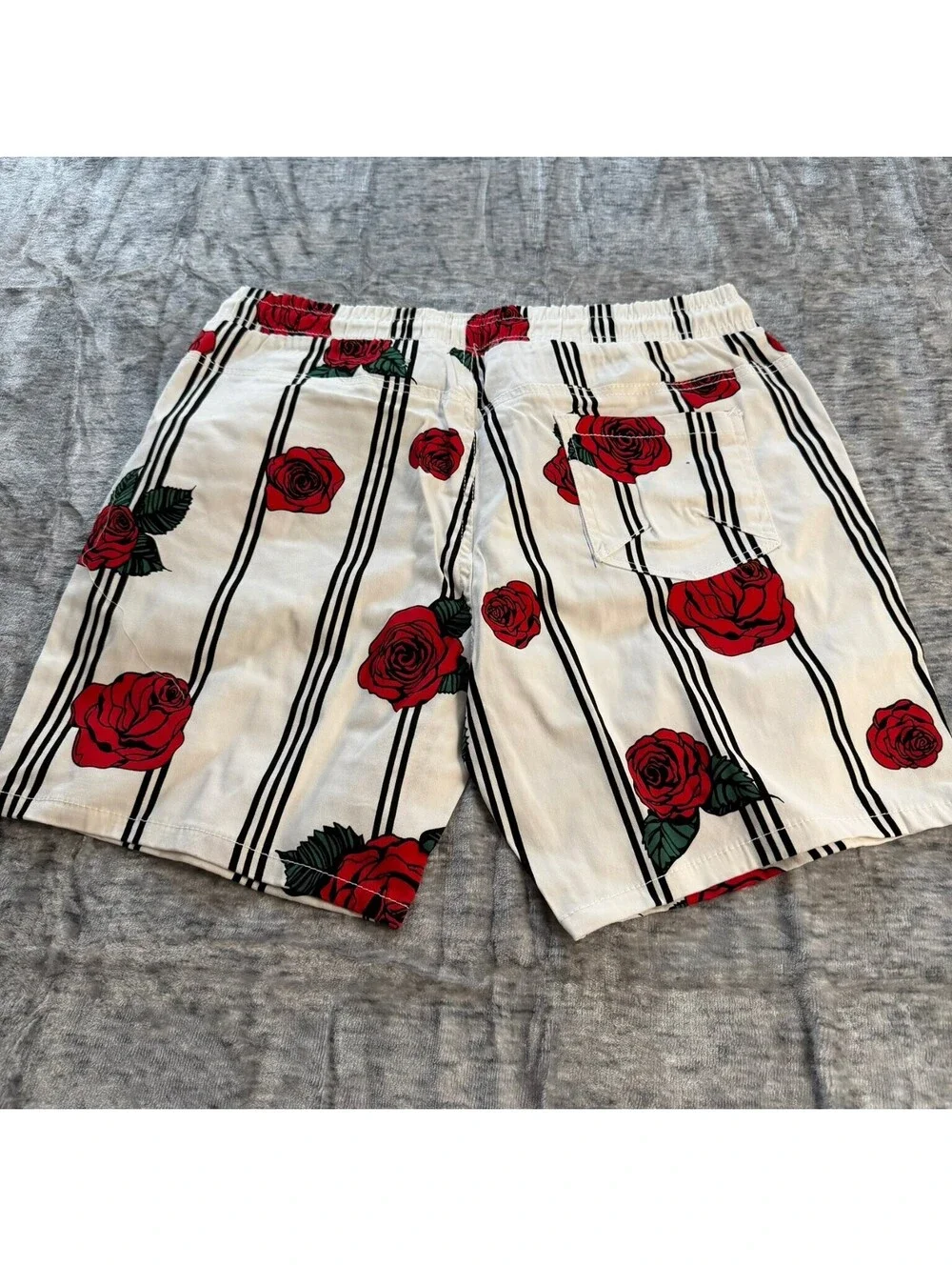 Fresh Prints of Bel-Air Men's XL White Red Black Striped Rose Floral Shorts